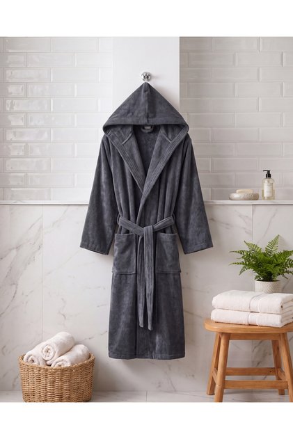 Funny 100% Cotton Velvet Hooded Bathrobe – Anthracite Gray