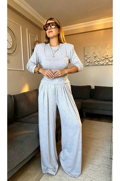 Gri vatkalı arkası bağlamalı bluz beli lastikli bağlamalı Pantalon takımı