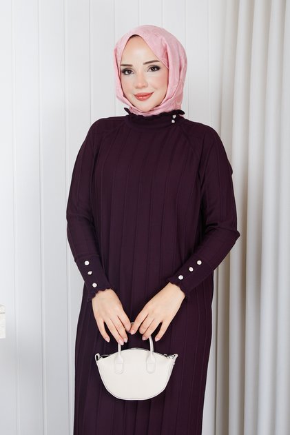 Women's Block Patterned Mercerized Knitwear Dress with Stone Collar