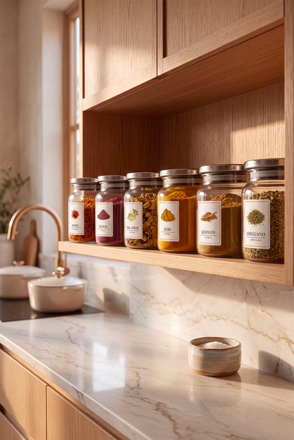 Set of 6 600 ml Labeled Glass Spice Jars | Vacuum Sealed & Labeled Spice Container with Metal Lid | Kitchen Organizer
