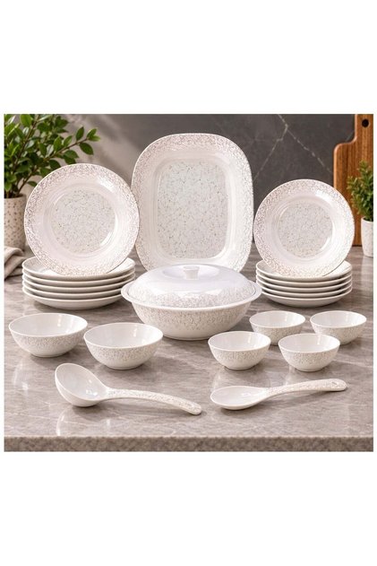 18 Pcs Melamine Dinner Set for 4 | White Dinnerware Set with Rice Plate, Deep Plates, Serving Bowl with Lid, Bowls, Ladle & Rice Spoon | Lightweight Tableware Set