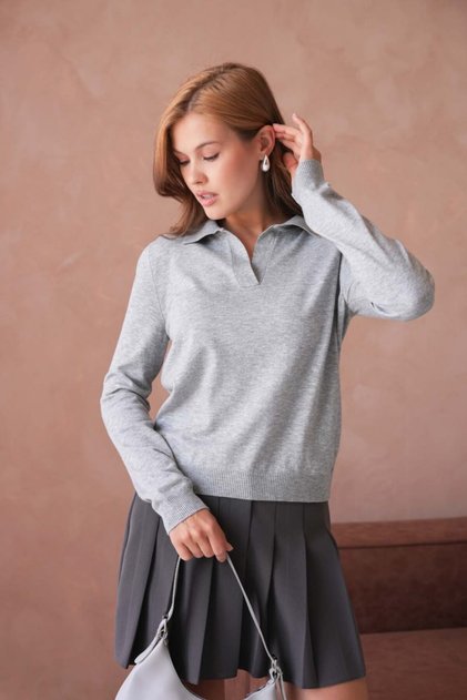 Polo Collar V-Neck Look Long Sleeve Basic Knitwear Sweater Aw26Kz00060