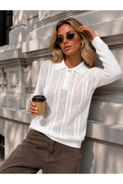 Polo Collar Button Detailed Openwork Hair Knit Sweater Aw26Kz00061