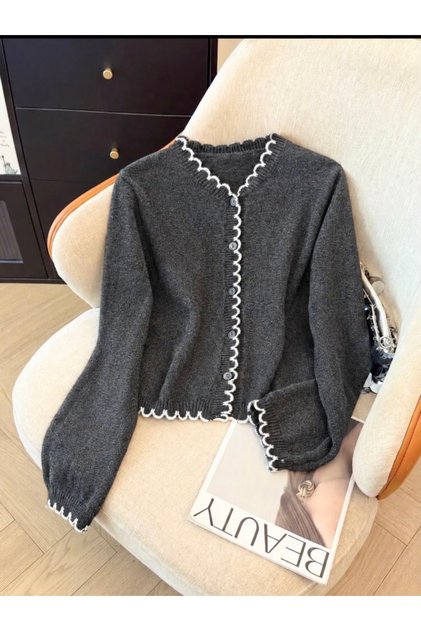 Women's Contrast Edged Basic Tube Sleeve Knitwear Cardigan