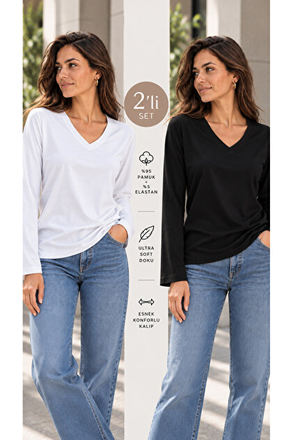 Kadın V Yaka Uzun Kollu T-Shirt Ultra Soft Basic Tişört - Loose Fit/Bol Kesim