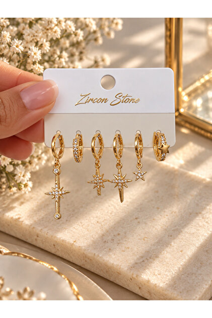Set of 6 Gold Color Stone Hoop Earrings | Sparkling Earrings with Star Figures