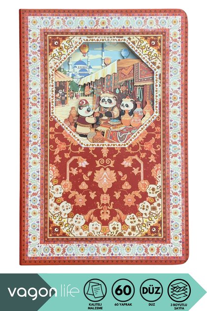 New Series Pandas Sultanahmet Camii 3D Layered Illustration Art Designed Plain Unlined Notebook 60 Sheets 120 Pages 21X13,5Cm