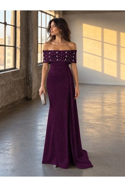 Rochie lungă de seară, mov deschis, cu umeri decupați, din țesătură flowres 583405