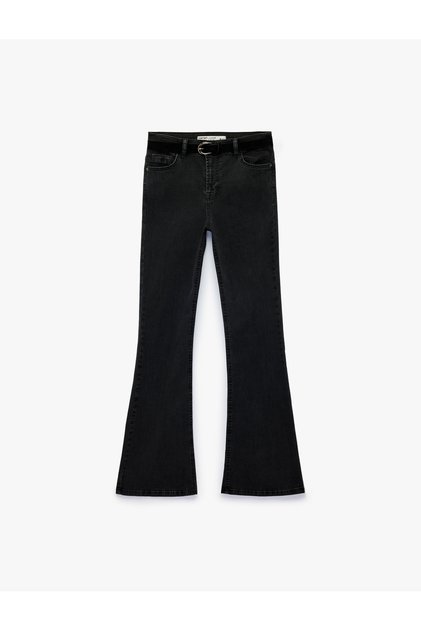 Pantaloni din denim cu talie normală, cu centură, din bumbac, croială slim, stil spaniol - Blugi evazați
