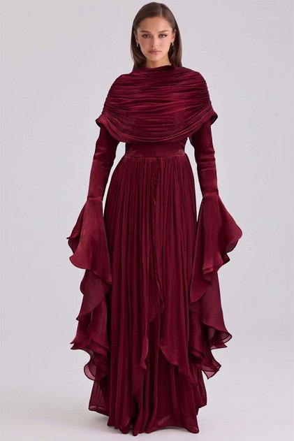 Detachable Shawl Detailed Sleeves with Ruffles Yoryo Silk Hijab Evening Dress Dark Bordo 1245