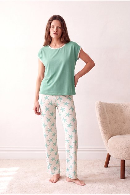 Women's Green / Yellow Patterned Short Sleeve Crew Neck Piping Detailed Long Bottom Pajama Set Pjlou
