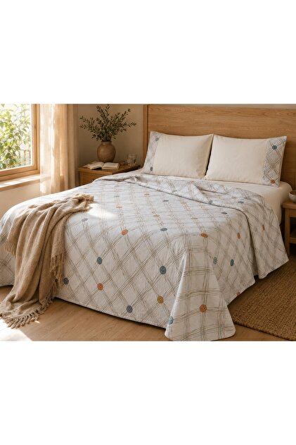 Smile Vintage Plain Pique Set – with Smiling Buttons and Colorful Striped Pattern – Single, Double, and King Sizes