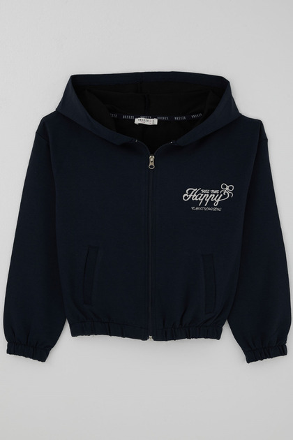 Girl's Cardigan with Embroidered Text, Hooded, Elastic Waist, Ages 9-14, Navy Blue