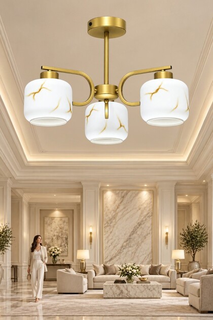 Aura 3’lü Eskitme Plafonyer Mermer Desen Camlı Avize Salon Mutfak Yatak Odası