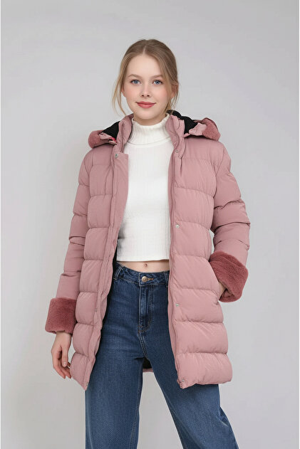 Girl's Fur Detailed Long Slim Fit Casual Winter Lined Thick Coat