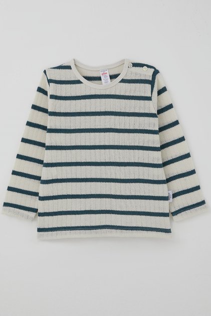 Baby Boy Long Sleeve T-Shirt with Patchwork Stripes 9 Months - 3 Years, Ecru
