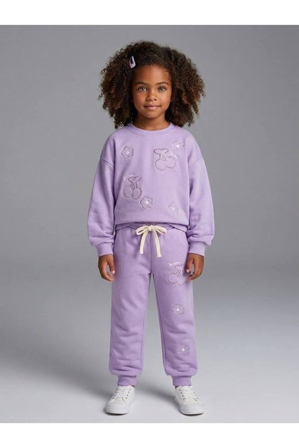 Cherry Motif Girls' Striped Floral Patterned School Sweatshirt and Sweatpants Set
