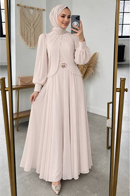 Brooch Detailed Draped Beige Hijab Evening Dress 5747Bej