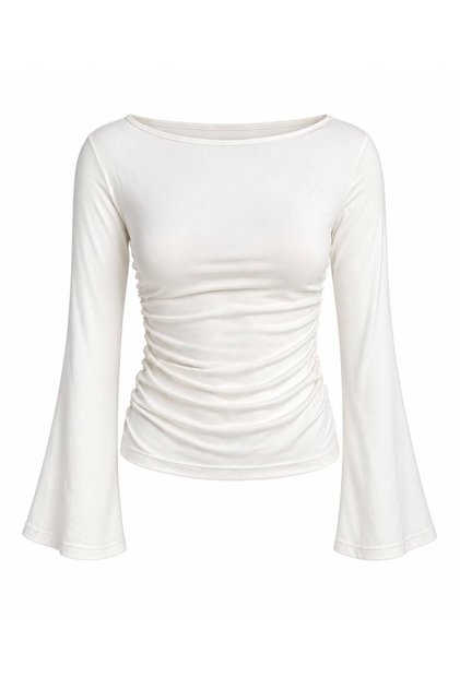 Women's White Boat Neck Draped Spanish Sleeve Blouse