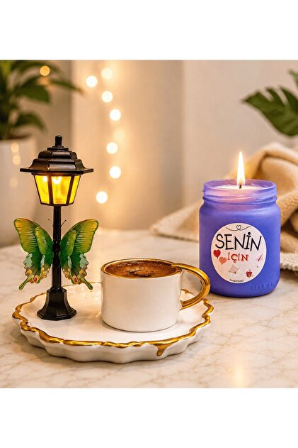 Premium Turkish Coffee Cup and Scented Colored Candle Set with Led Street Lamp