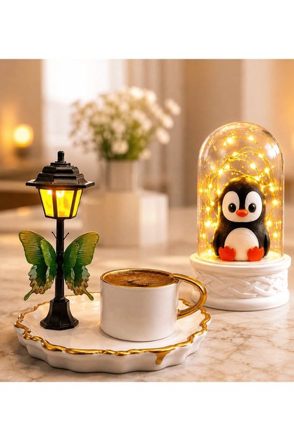 Premium Turkish Coffee Cup and Led Lighted Glass Jar (with Penguin) Set with Led Street Lamp