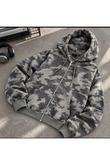 Unisex Camouflage Pattern Loose Fit Zippered Hooded Sweatshirt