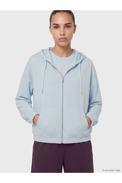 Vizyon Yeni Sezon Mavi Kapüşonlu Soft Touch Kadın Fermuarlı Sweatshirt
