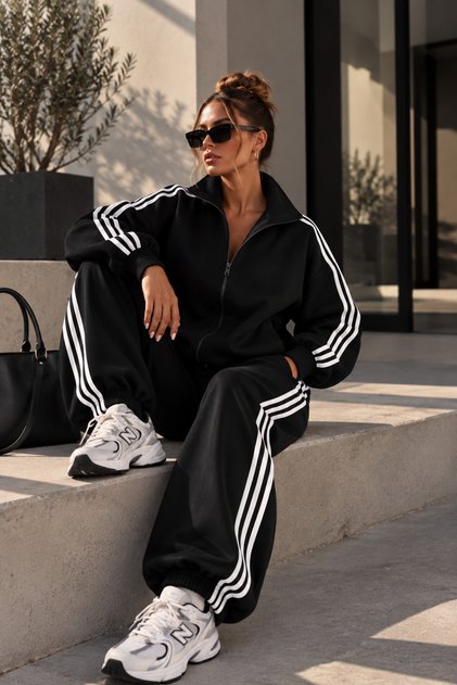 Unisex 3-Yarn Raster Retro Tracksuit Set with Zipper and Stripe Detail, Double Pockets and Elasticized Cuffs