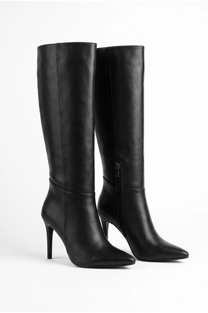 Women's Knee-Length Thin Heeled Pointed Toe Zippered Long Boots - Umay - Black Leather