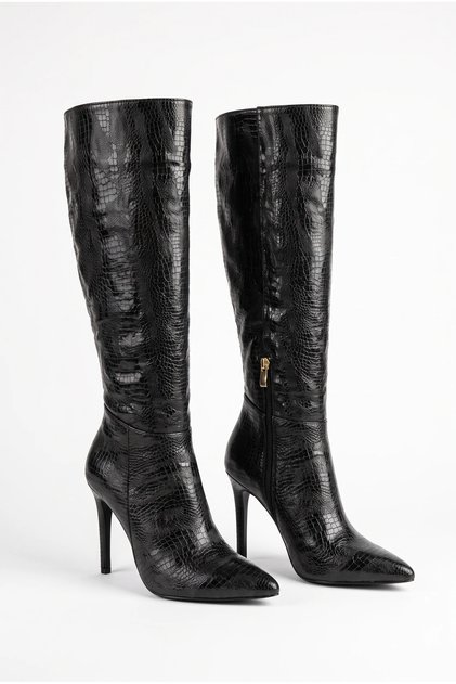Women's Knee-Length Thin Heeled Pointed Toe Zippered Long Boots - Umay - Black Snake