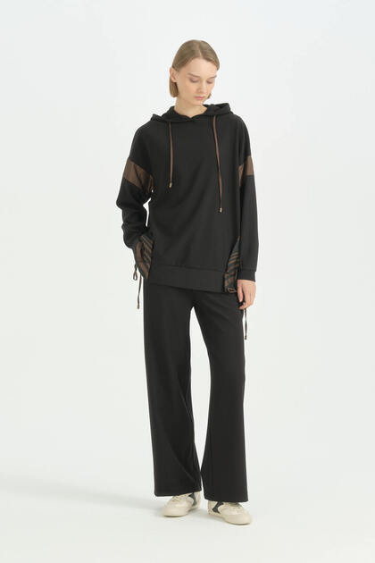 Kumaş Mixli Tarz Sweatshirt - Siyah