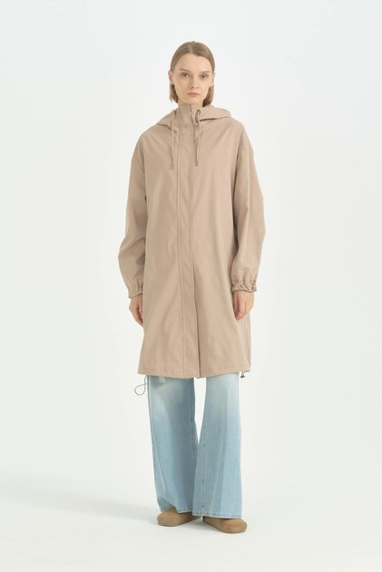 Sabit Kapüşonlu Oversize Yağmurluk - Vizon