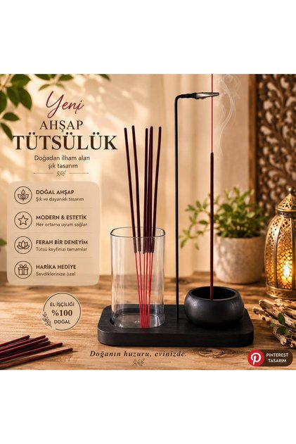 RİTÜEL SERİSİ Dekoratif Ahşap Tütsülük ve Meditasyon Aksesuarı |1 Paket Tütsü Hediyeli 18x27 cm