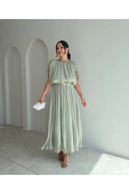Women's Organza Belted Long Dress Pleated Draped Stylish Evening Dress Wedding Engagement Guest Dress