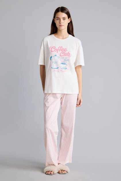 100% Cotton Printed Gingham Patterned Regular Fit Short Sleeve 2-Piece Pajama Set I8338Ax26Au