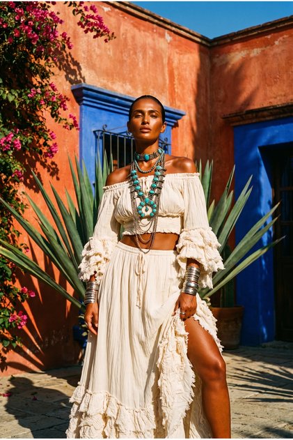 Desert Sands Organic Cotton Natural Textured Spanish Sleeve Exotic Goddess Silhouette Tasseled Gypsy Blouse Maxi Skirt Set