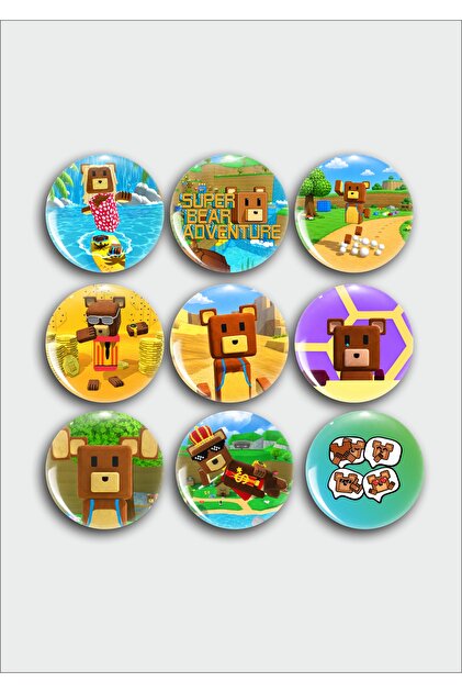 Super Bear Adventure Temalı 44 mm 9'lu Rozet Seti – Süper Ayı Karakter Rozetleri