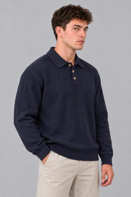 Oversize Düğmeli Yaka Örgü Kazak DP 17501_10063