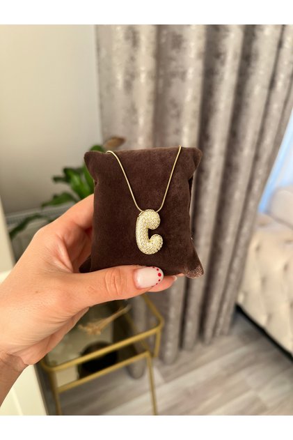 TAŞLI BOMBE C HARF KOLYE - GOLD