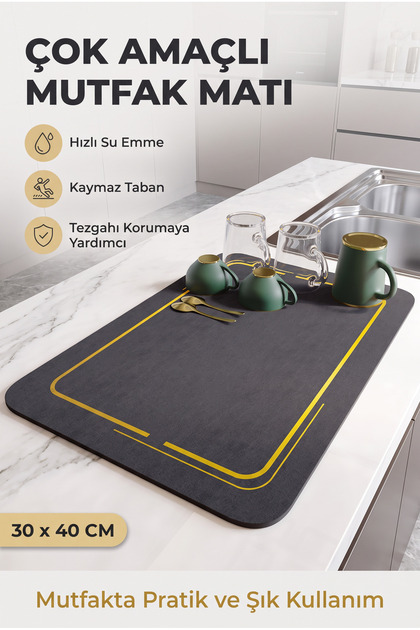 Mutfak Tezgah Üstü Bulaşık Kurutma Matı Su Emici Kaymaz Taban 30x40 cm