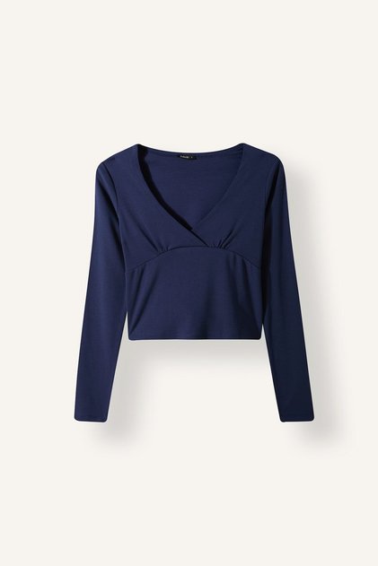 Fitted V Yaka Kruvaze Görünümlü Ribana Uzun Kollu Crop Basic Tişört I6398AX26AU