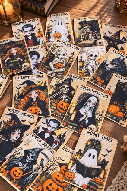 Halloween Ve Gazete Temalı Mini Sticker Seti 36 Adet Journal/Sticker/Ajanda