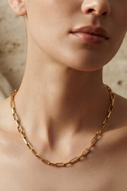 Steel Paperclip Block Chain Necklace 4 mm Gold Color | Anti-Tarnish, Women'S, 2 Years Warranty