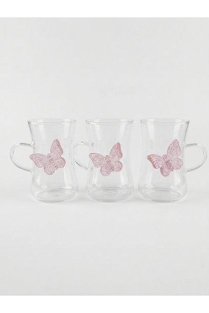 Glass Cup Set with Butterfly Design,Pink 3Pcs - Elegant Tea and Coffee Cups