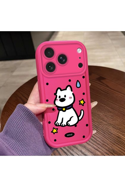 iPhone 17 Pro Max Compatible Pink Red Silicone Dotted Dog Pattern Case Shockproof Camera Protection