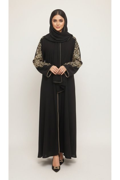 Jet Black Floral Embroidered Abaya | Rizqé Luxury Gold Vine Hand-Work Modest Abaya