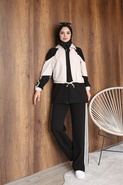 Shirt-Collar Cardigan, Detailed Zippered Tunic and Trousers with Elastic Waist and Side Stripes, Two-Piece Set