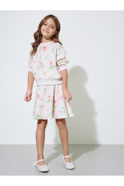 Girls Cream All Over Floral Print Sweatshirt and Skirt Set