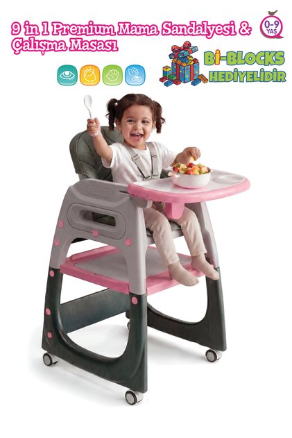 9’u 1 Arada Dönüşebilen Mama Sandalyesi ve Aktivite Masası - Pembe
