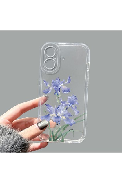 iPhone 16 Compatible Transparent Silicone Case Blue Iris Flower Pattern Camera Protected Anti-Shock Phone Case